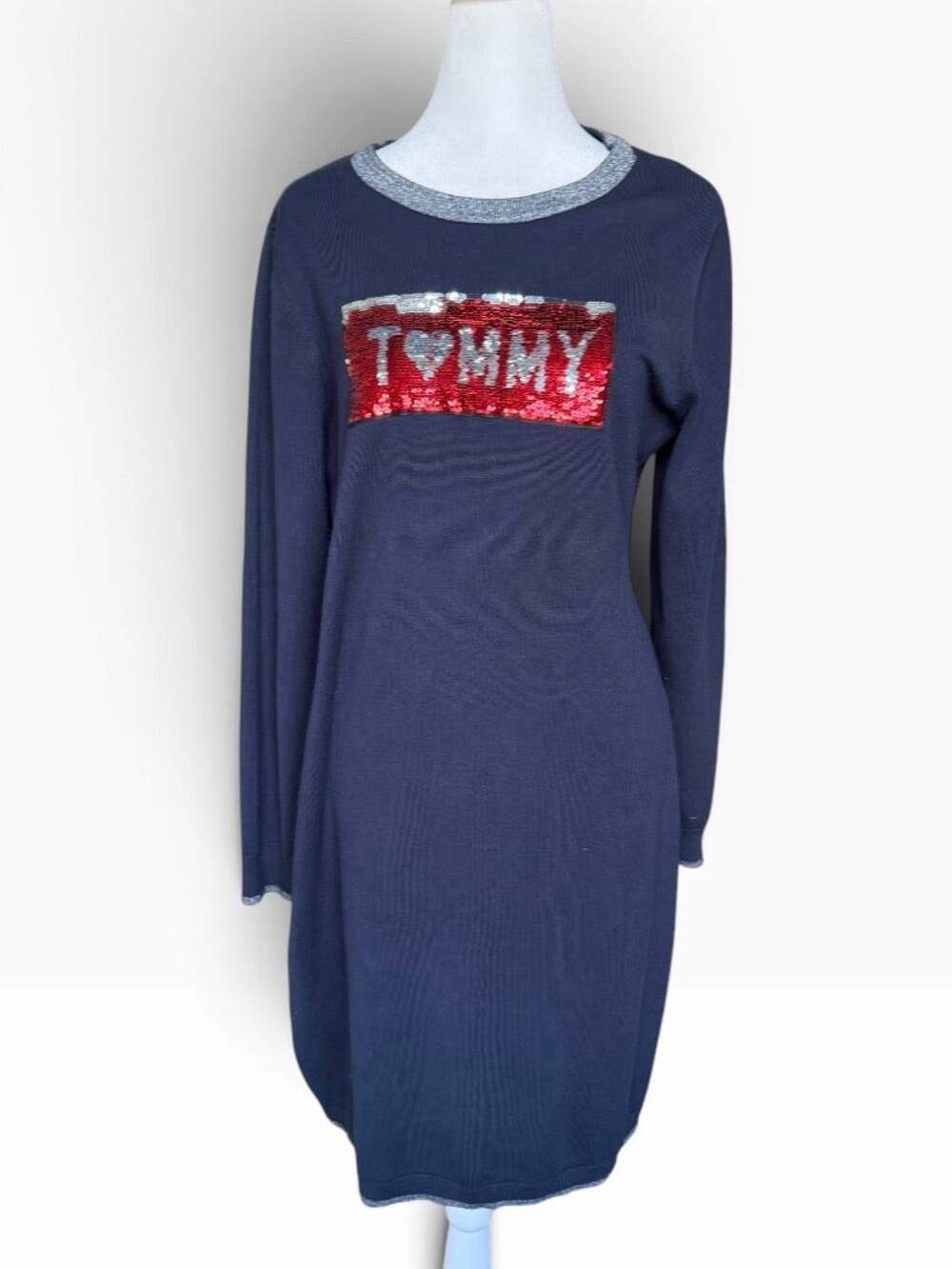 Tommy Hilfiger Navy Blue Red Sequin Logo Long Sleeve Sweater Dress Sz L